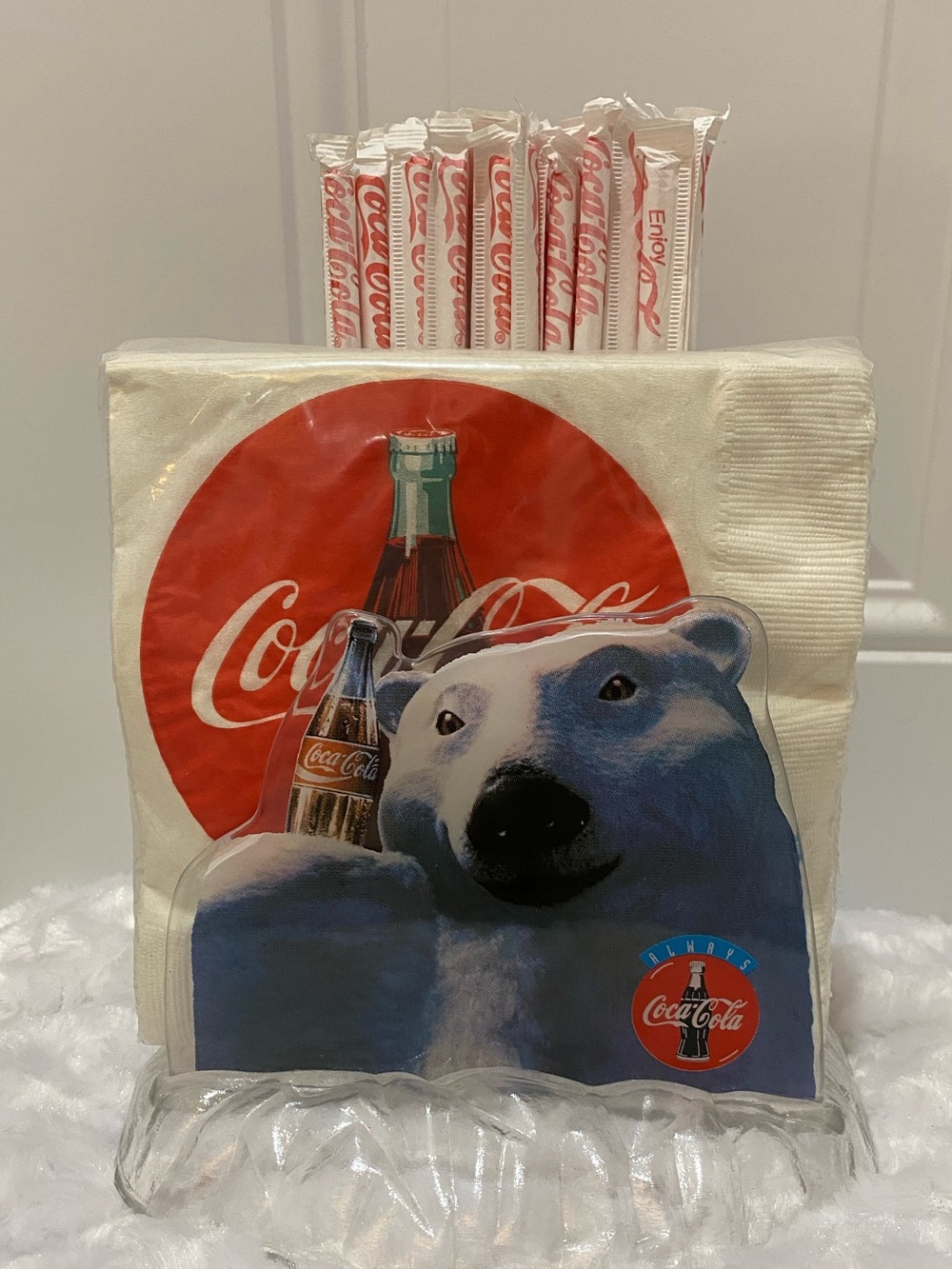 🆕Coca Cola Collectible Polar Bear on Ice Napkin & Straw Holder - Like New